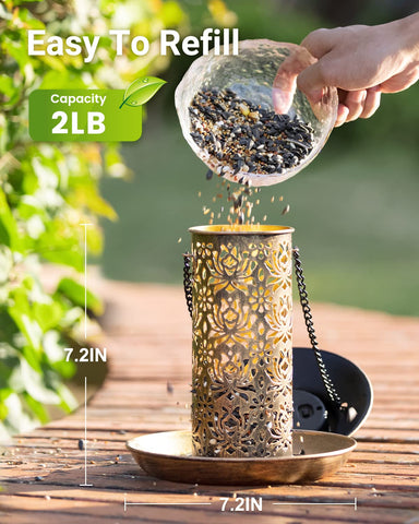 Sweetfull solar bird feeder outdoors hanging with removable cap for refilling.