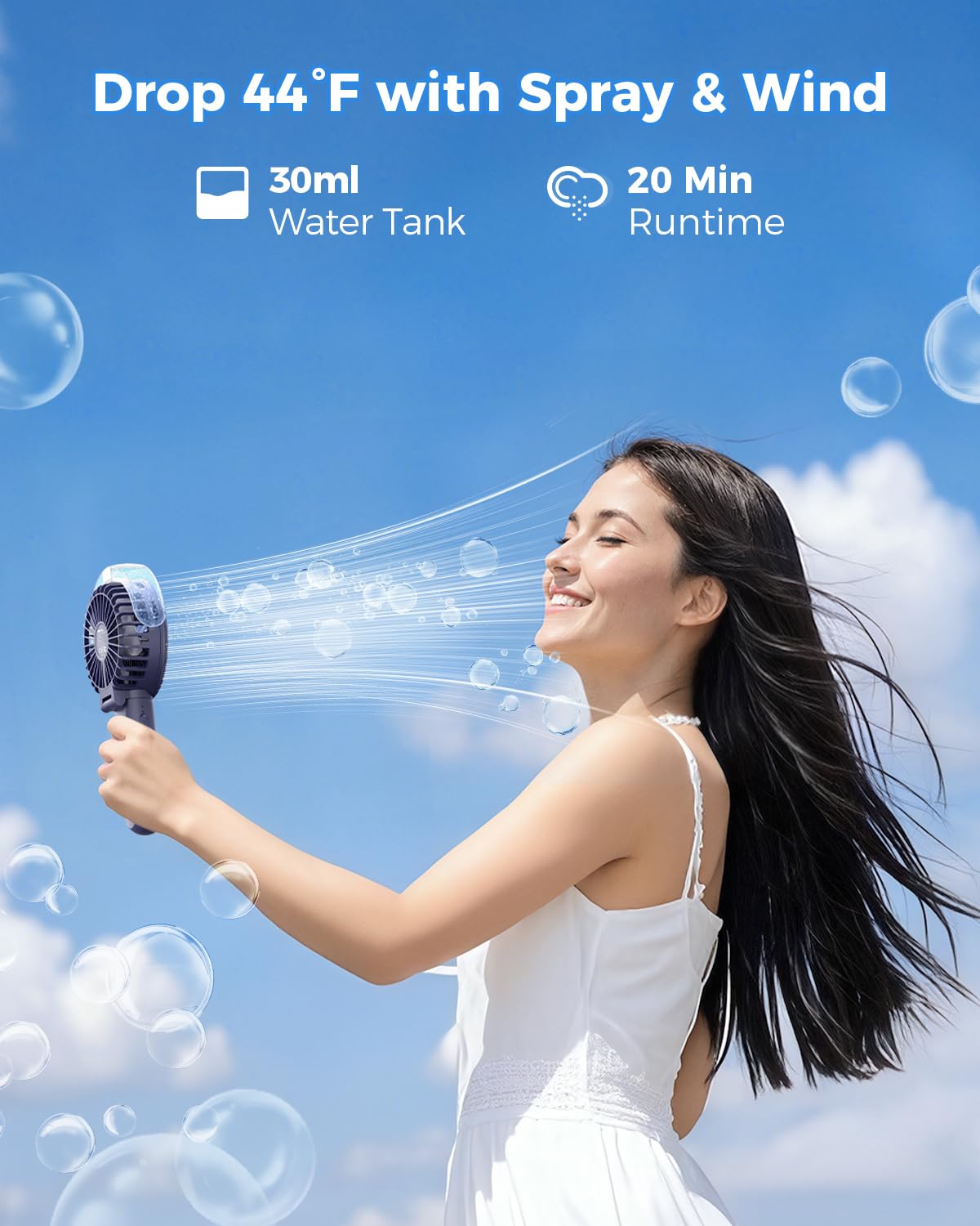 Sweetfull misting fan 180-fold compact form for easy storage.