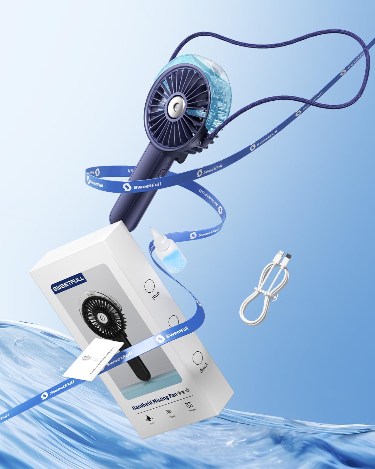 Sweetfull misting fan neck lanyard in use for hands-free cooling.