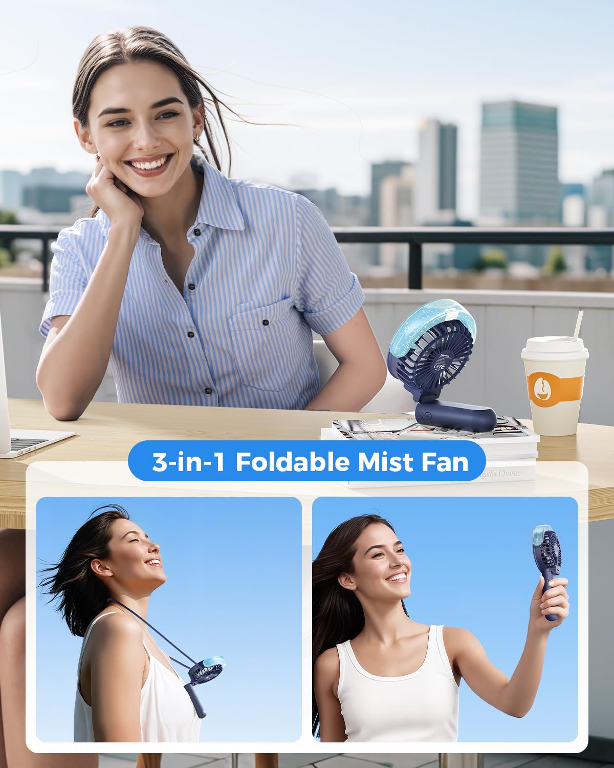 Sweetfull misting fan USB rechargeable battery enables wireless use.