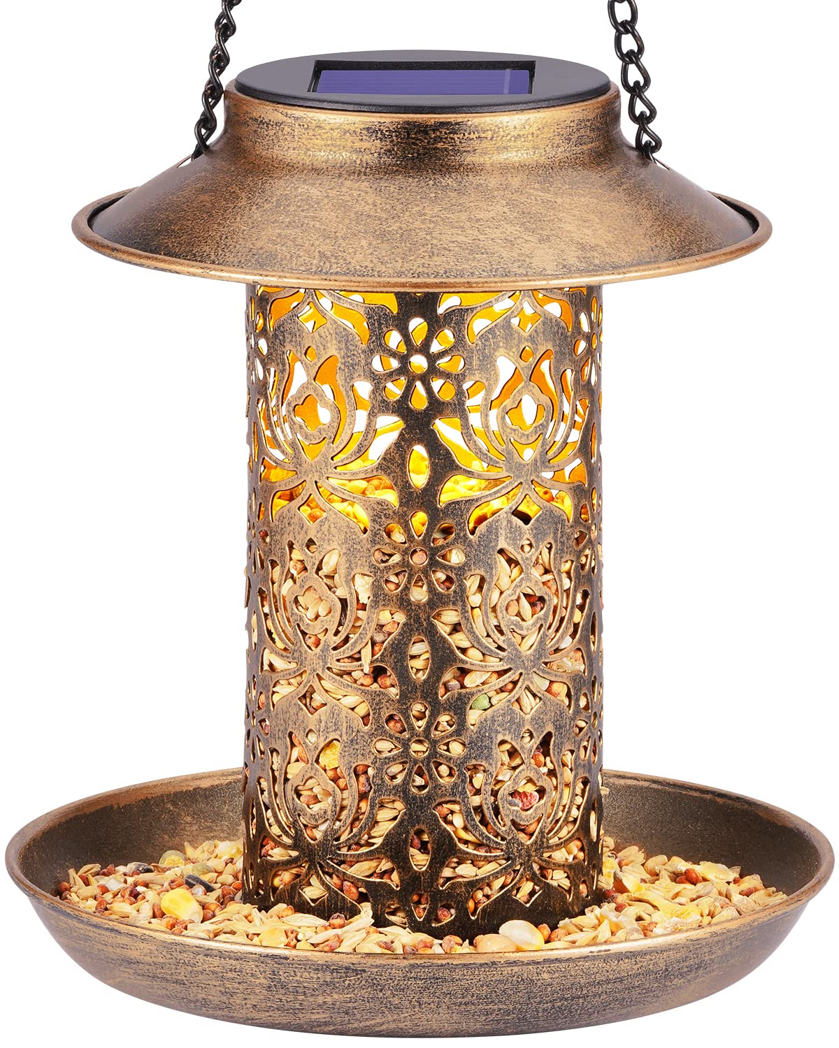 Sweetfull solar bird feeder lantern hanging in garden attracts cardinals at dusk.