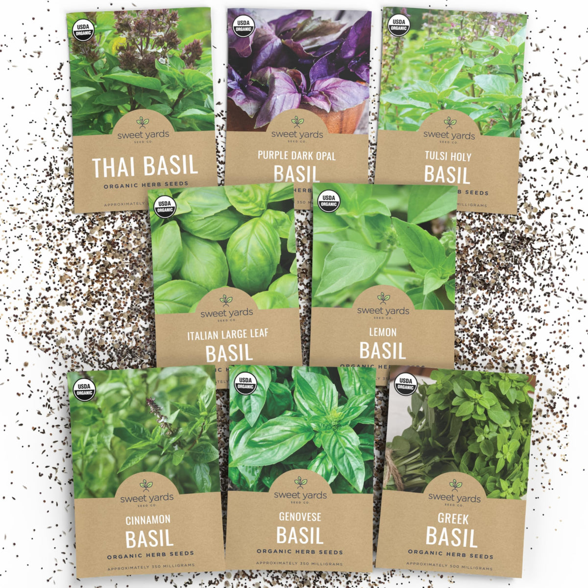 SWEET YARDS Genovese basil seeds pack for flavorful pestos and fresh herbs.
