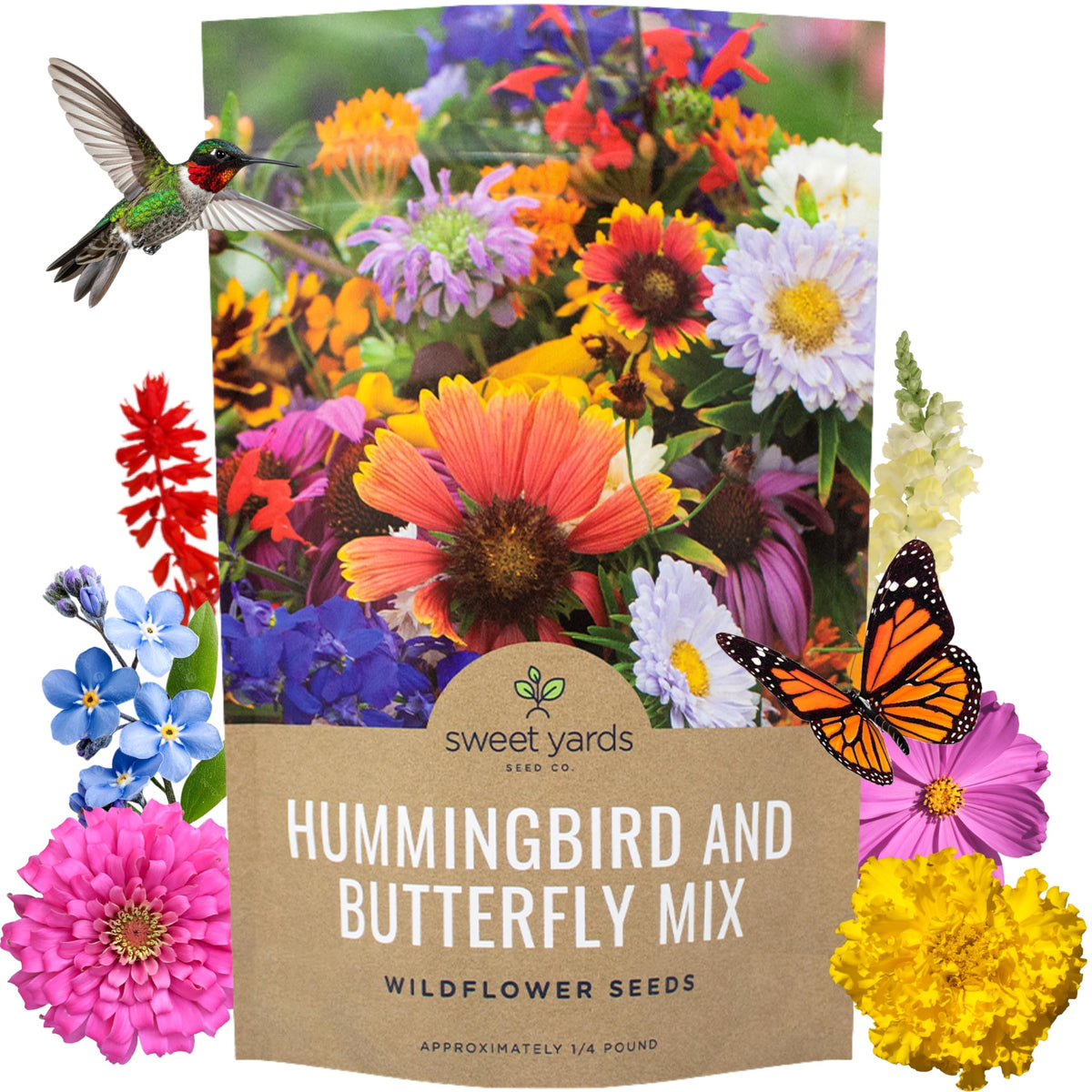 Sweet Yards bulk wildflower seeds pouch with open-pollinated mix for colorful garden beds.