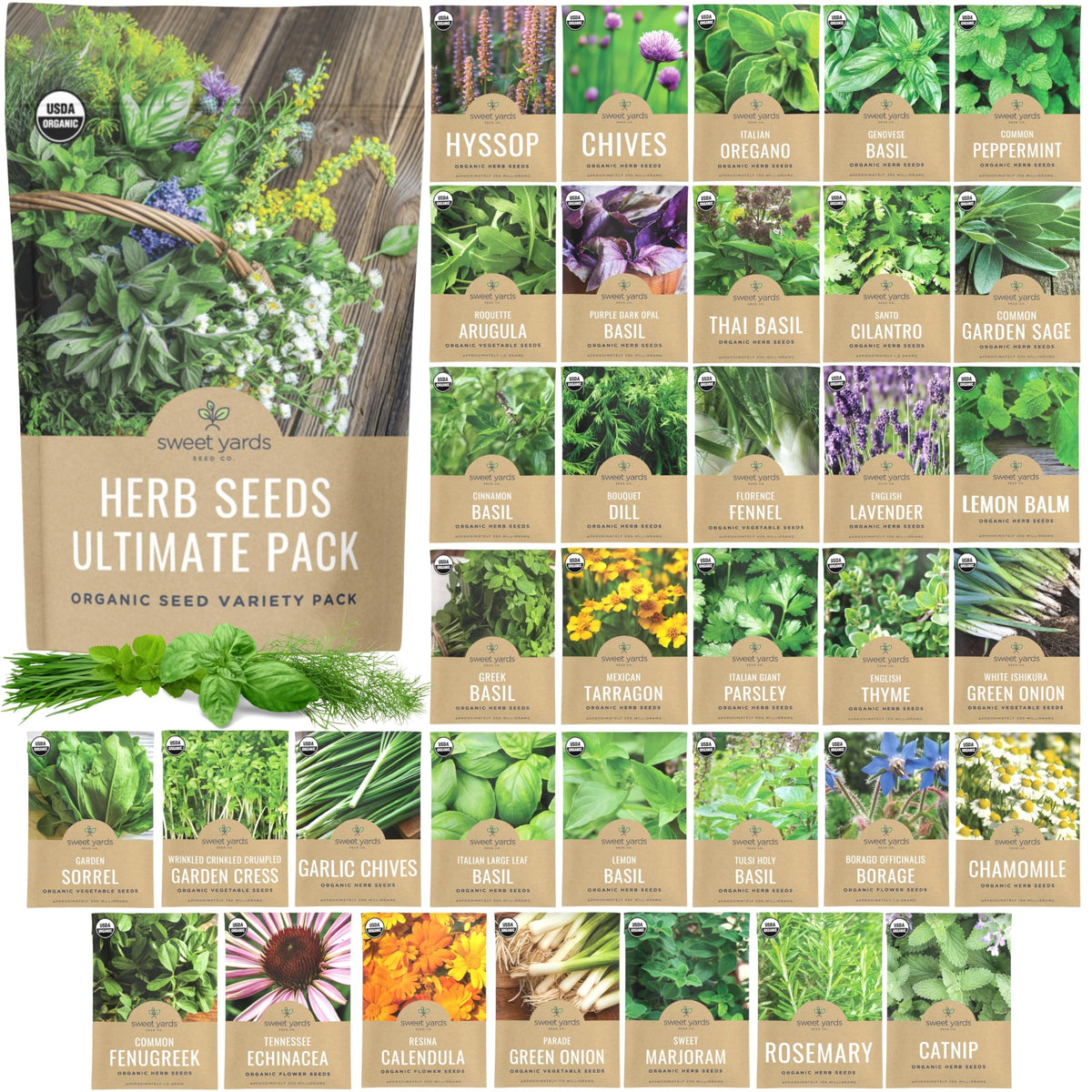 Sweet Yards organic herb seeds variety pack cover for home gardening and fresh flavors