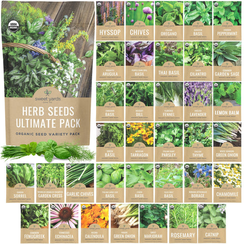 Sweet Yards organic herb seeds variety pack cover for home gardening and fresh flavors