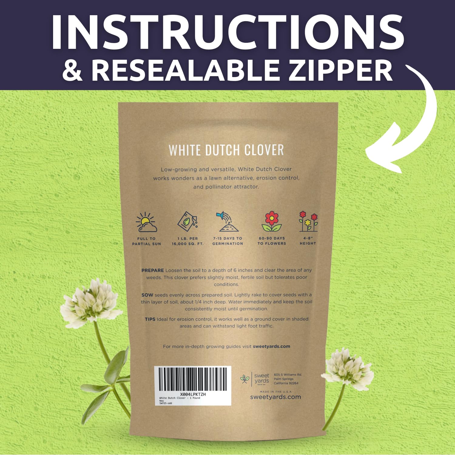 Sweet Yards White Dutch Clover fresh seeds designed for high germination