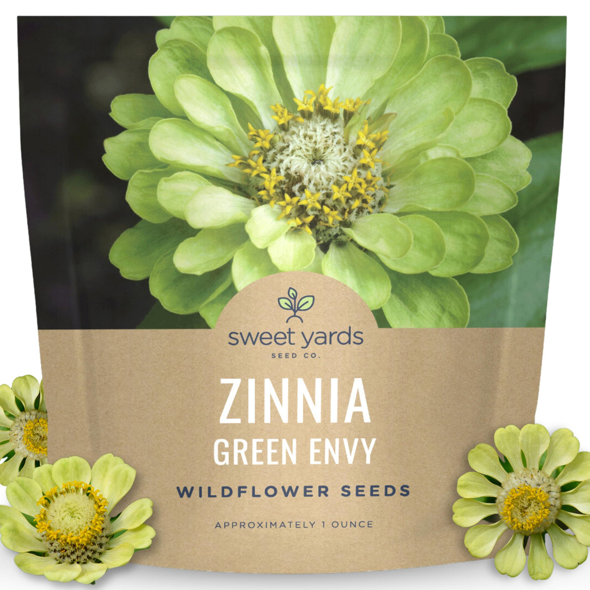 Sweet Yards Zinnia Green Envy seed packet ready for sunny borders.