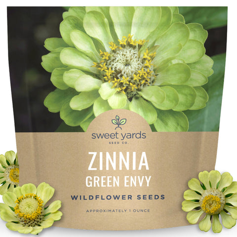 Sweet Yards Zinnia Green Envy seed packet ready for sunny borders.