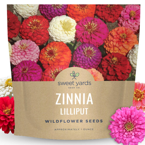 SWEET YARDS Zinnia Lilliput Mix seed packet for filling 125 sq ft with colorful blooms.
