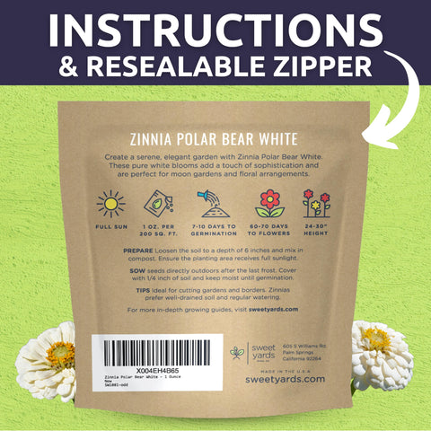 Sweet Yards Zinnia Polar Bear White blooms are perfect for cutting and bouquet displays.