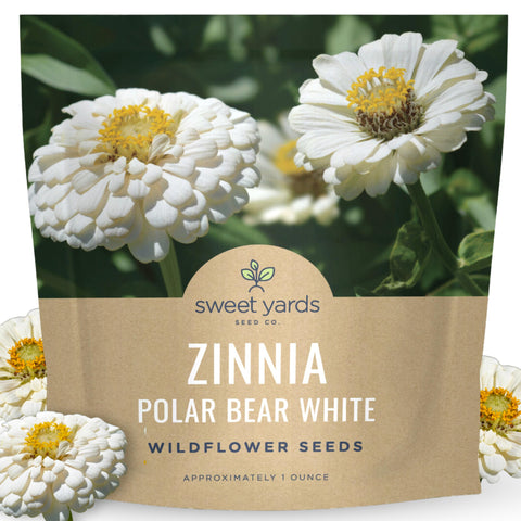 Sweet Yards Zinnia Polar Bear White seeds packet ready for planting colorful garden borders.