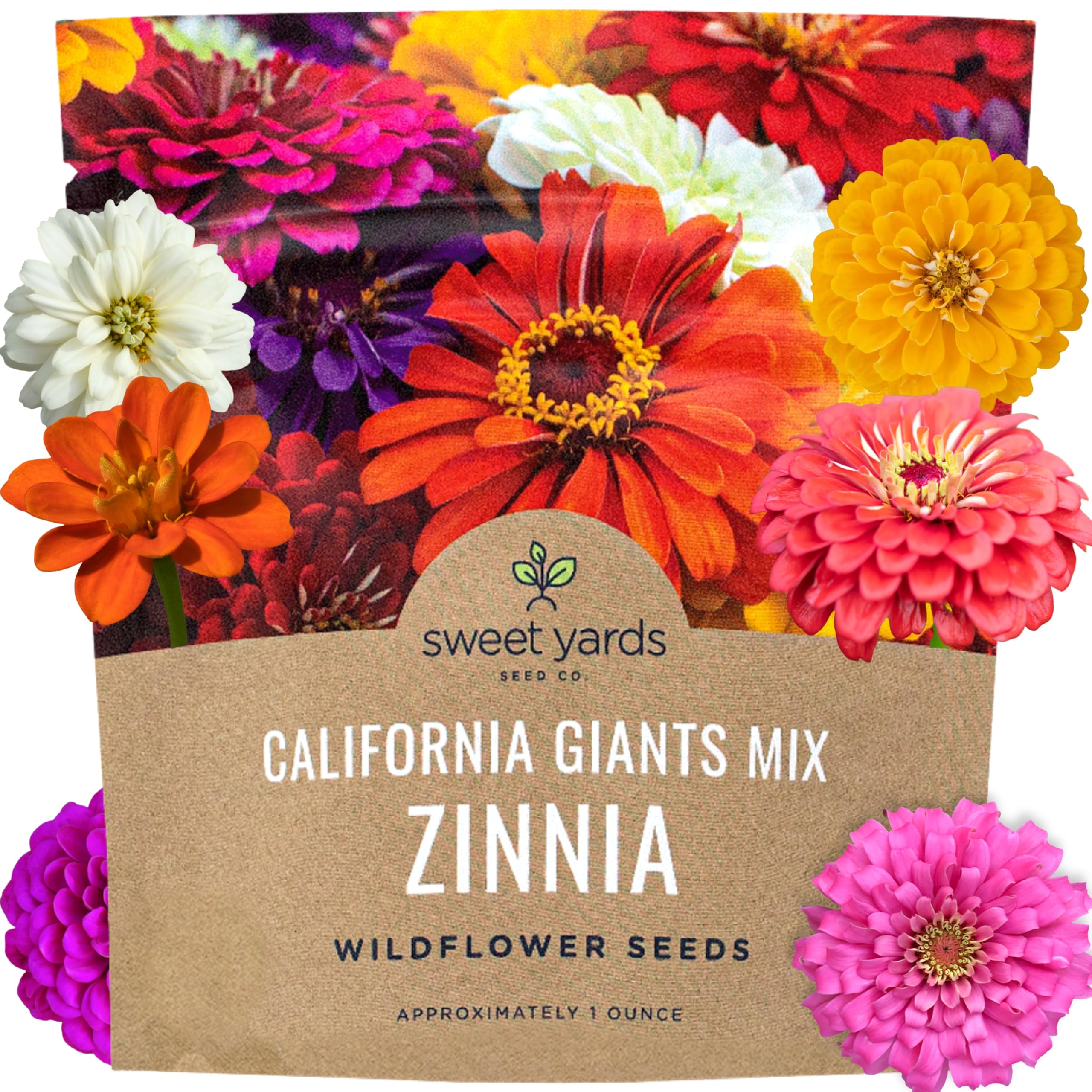 Sweet Yards Zinnia Seeds California Giants Mix seed packet image, 1 oz size for easy planting.
