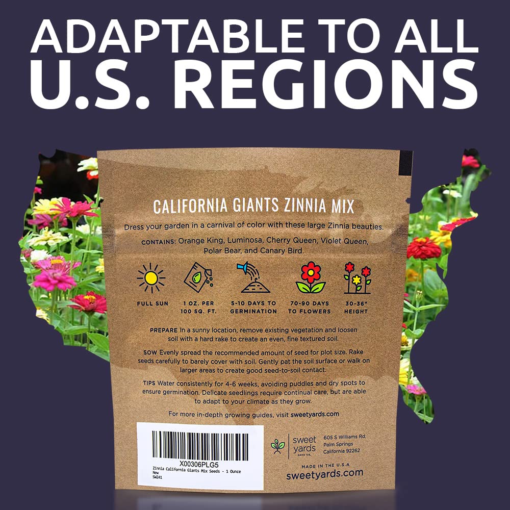Premium packaging of Sweet Yards Zinnia Seeds California Giants Mix, gift-ready presentation.