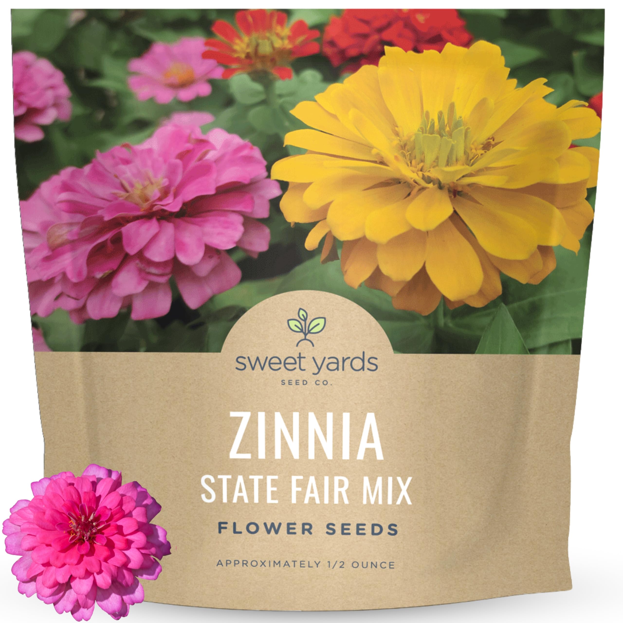 Sweet Yards Zinnia State Fair Mix seed packet with 1,000 seeds for bold, colorful blooms.