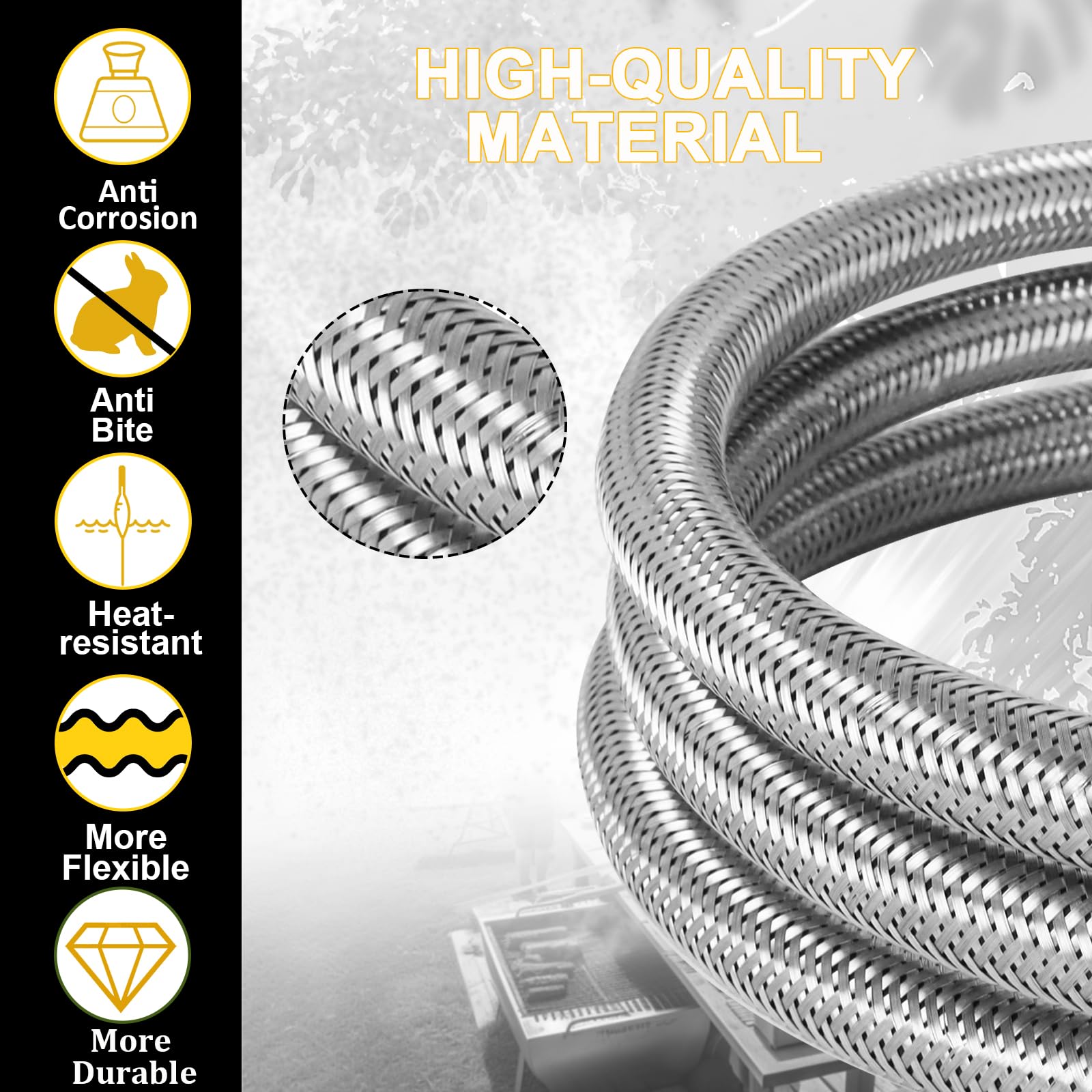 Swess Extend a Stay stainless hose closeup shows braided durability.