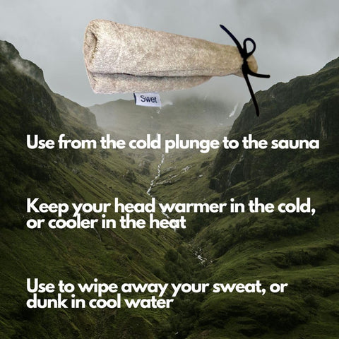 Swet Sauna Hat can be soaked to provide cooling relief mid-session.