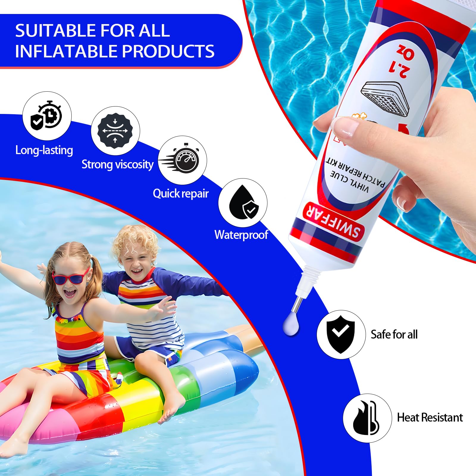 SWIFFAR patch kit applied to underwater pool liner demonstrating durable adhesion.