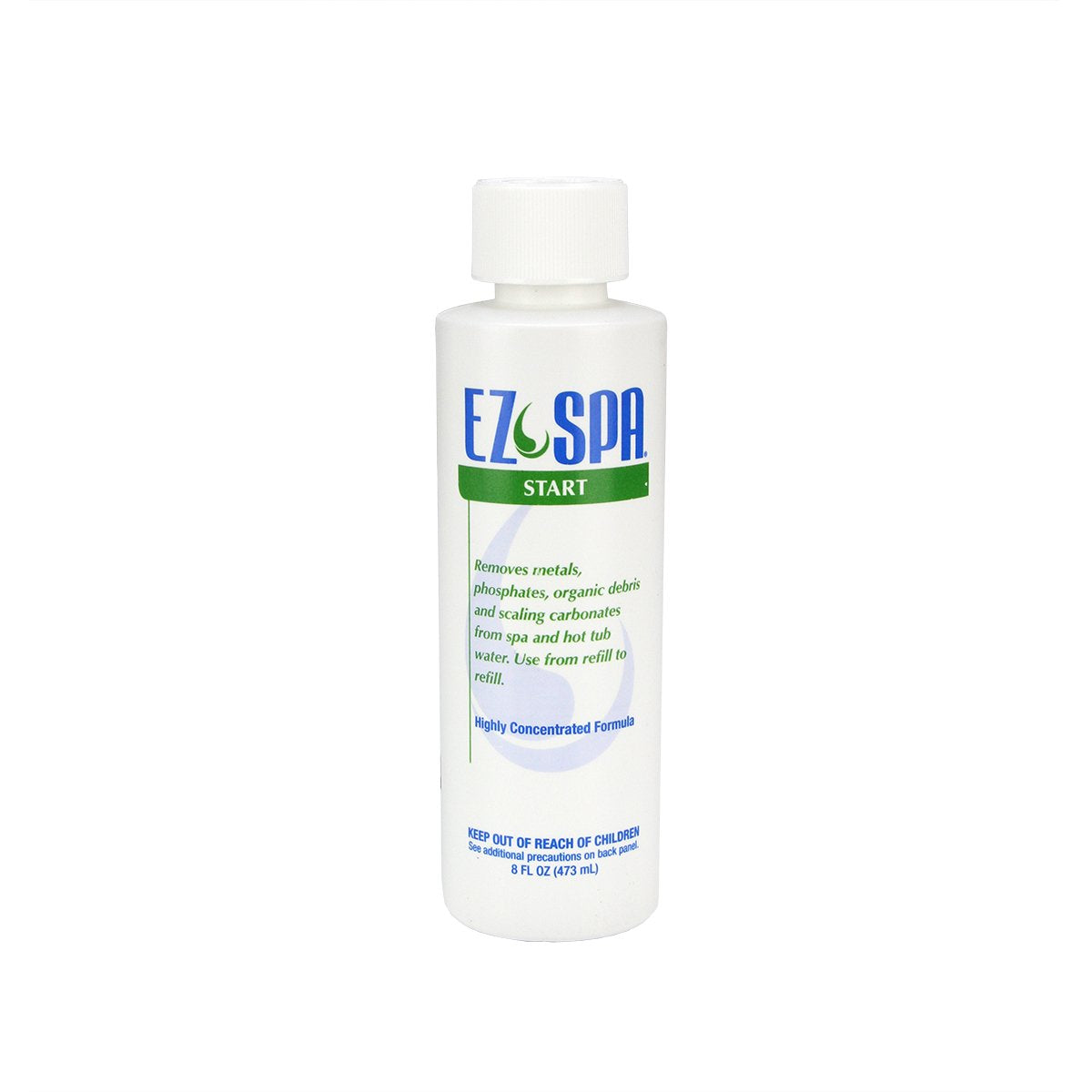 Swim Central EZ Spa Start bottle demonstrating concentrated formula for spa clarity and metal control.