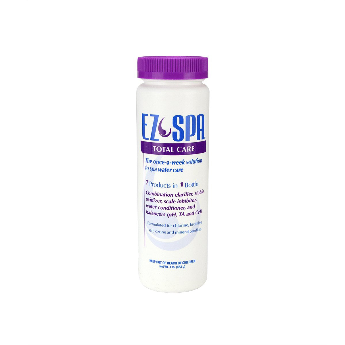 Swim Central EZ Spa Total Care contents showing concentrated blend for fewer chemicals.