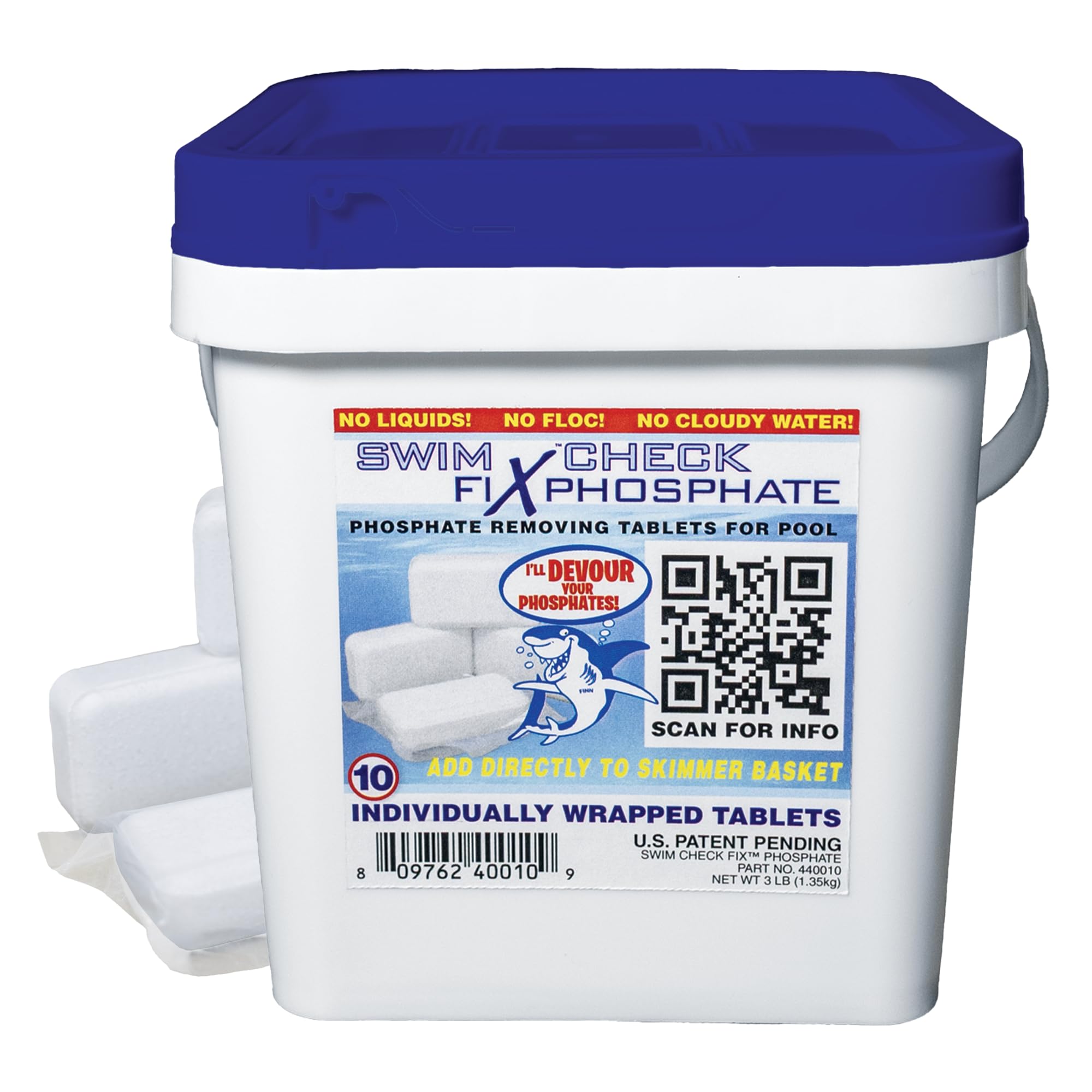 Swim Check Fix phosphate tablets in bucket for easy, mess-free pool treatment.
