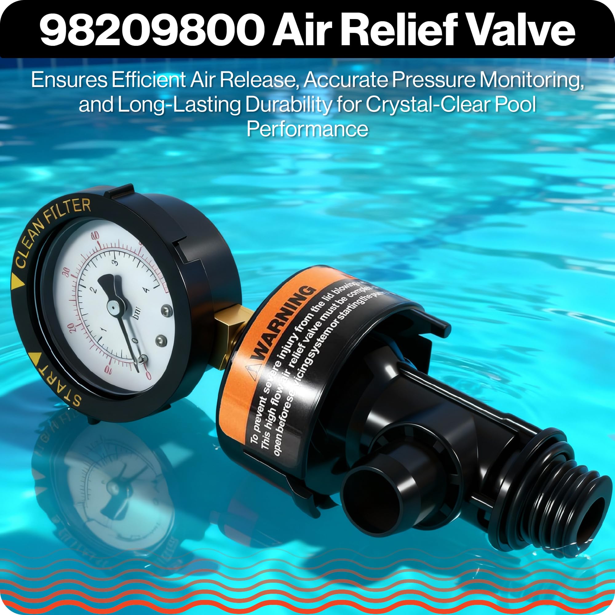 Swimables 98209800 air relief valve with attached gauge for easy monitoring.