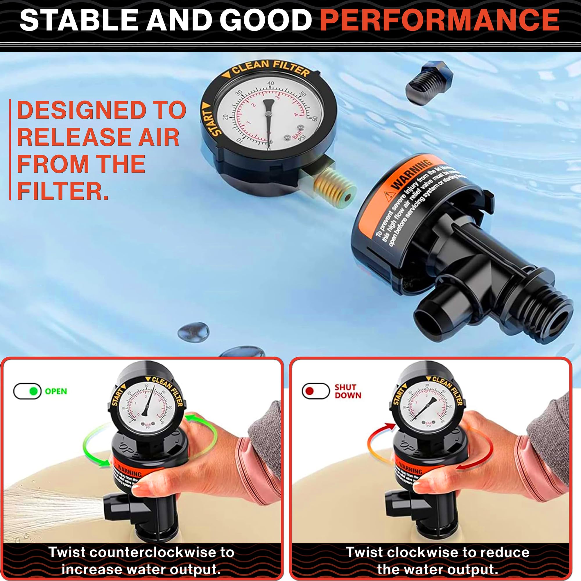 Swimables air-release-action captures air release for steady filtration.