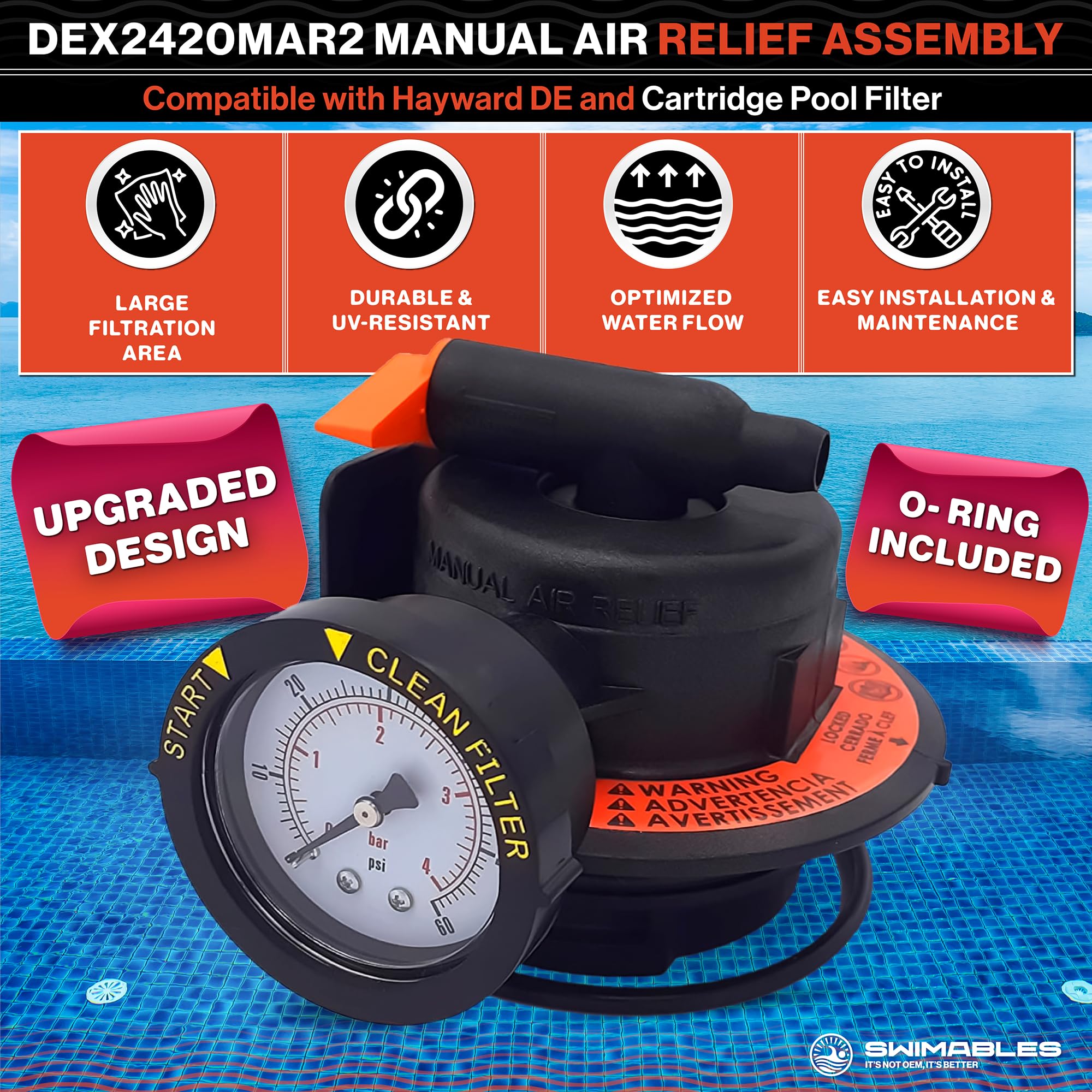Swimables DEX2420MAR2 front view highlights the upgraded gauge design for easier filter checks.