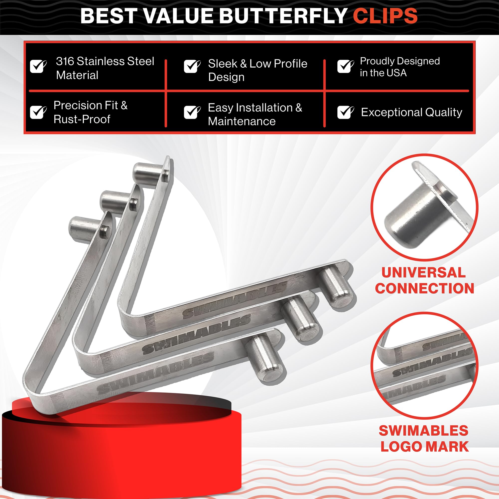 Swimables easy-install V-clip demonstrates tool-free setup for pool gear.