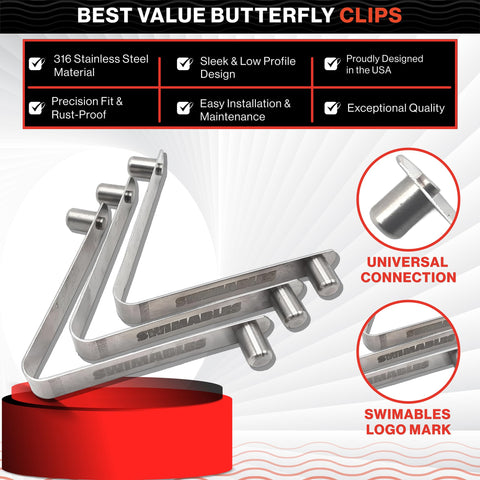 Swimables easy-install V-clip demonstrates tool-free setup for pool gear.