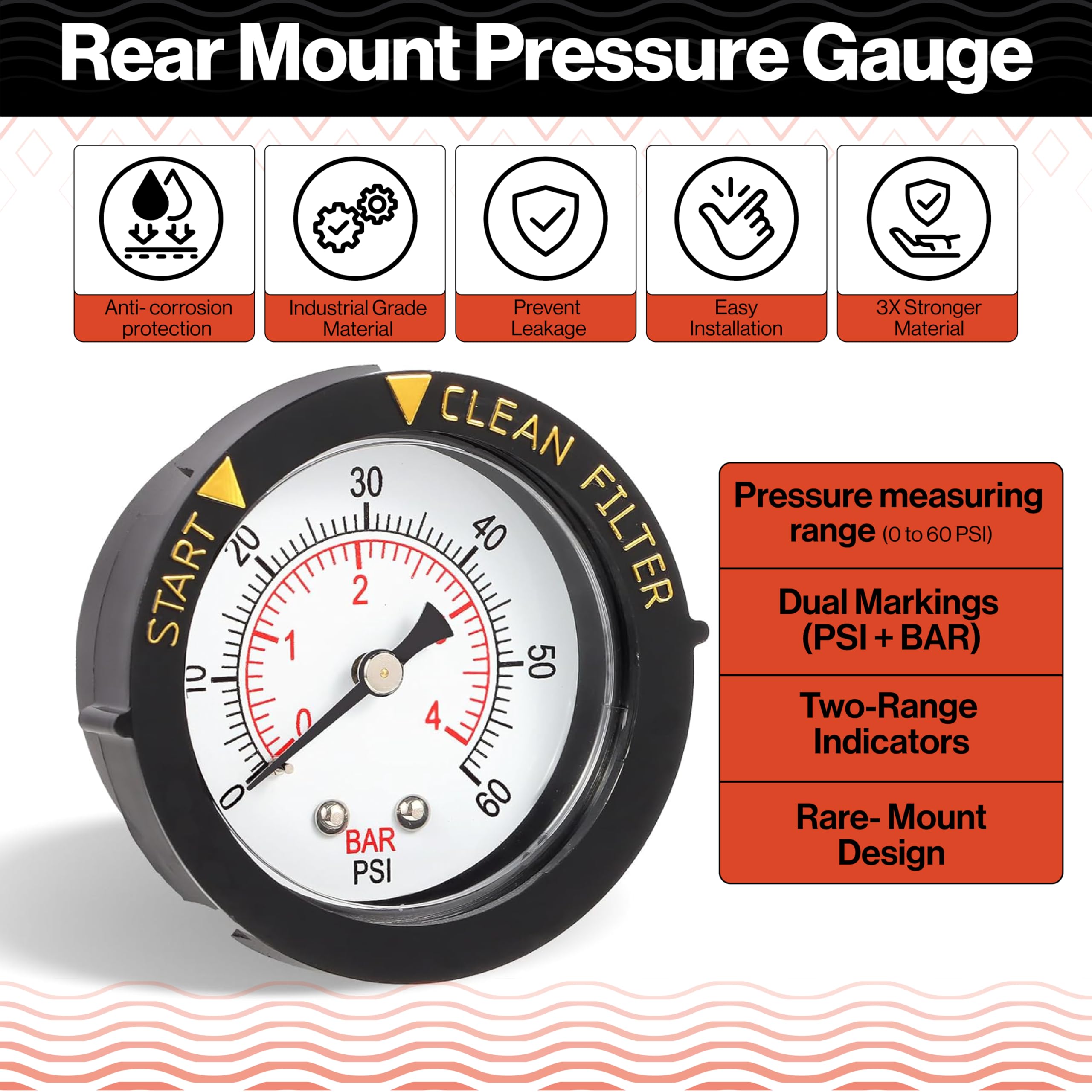 Swimables ECX2712B1 wide 0-60 psi range supports typical pool systems.