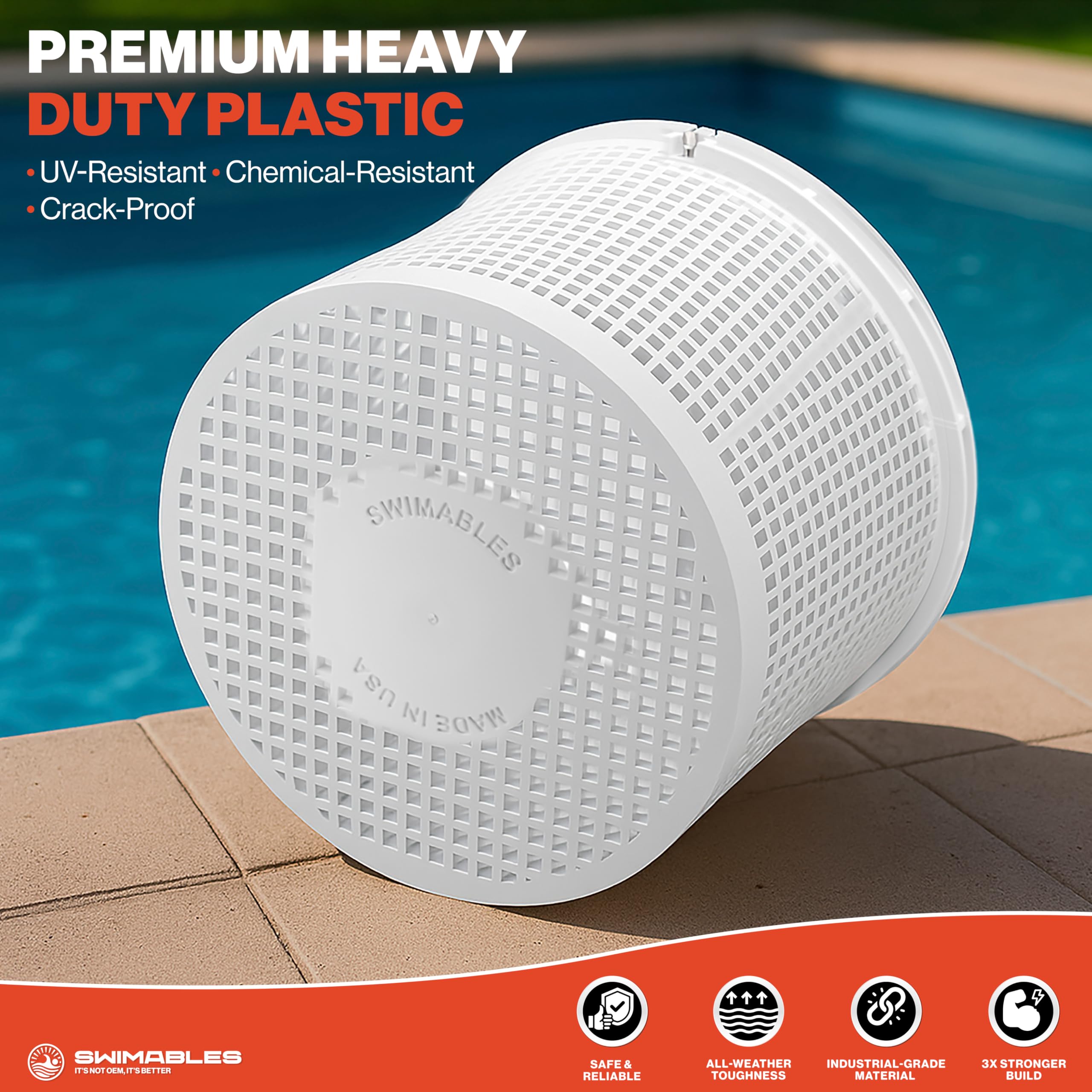 Swimables heavy-duty plastic skimmer basket designed for rugged use