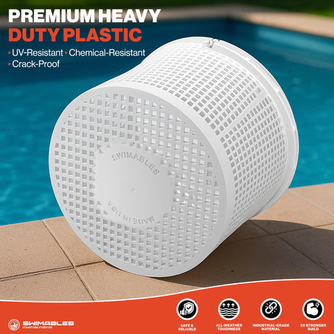 Swimables heavy-duty plastic skimmer basket designed for rugged use