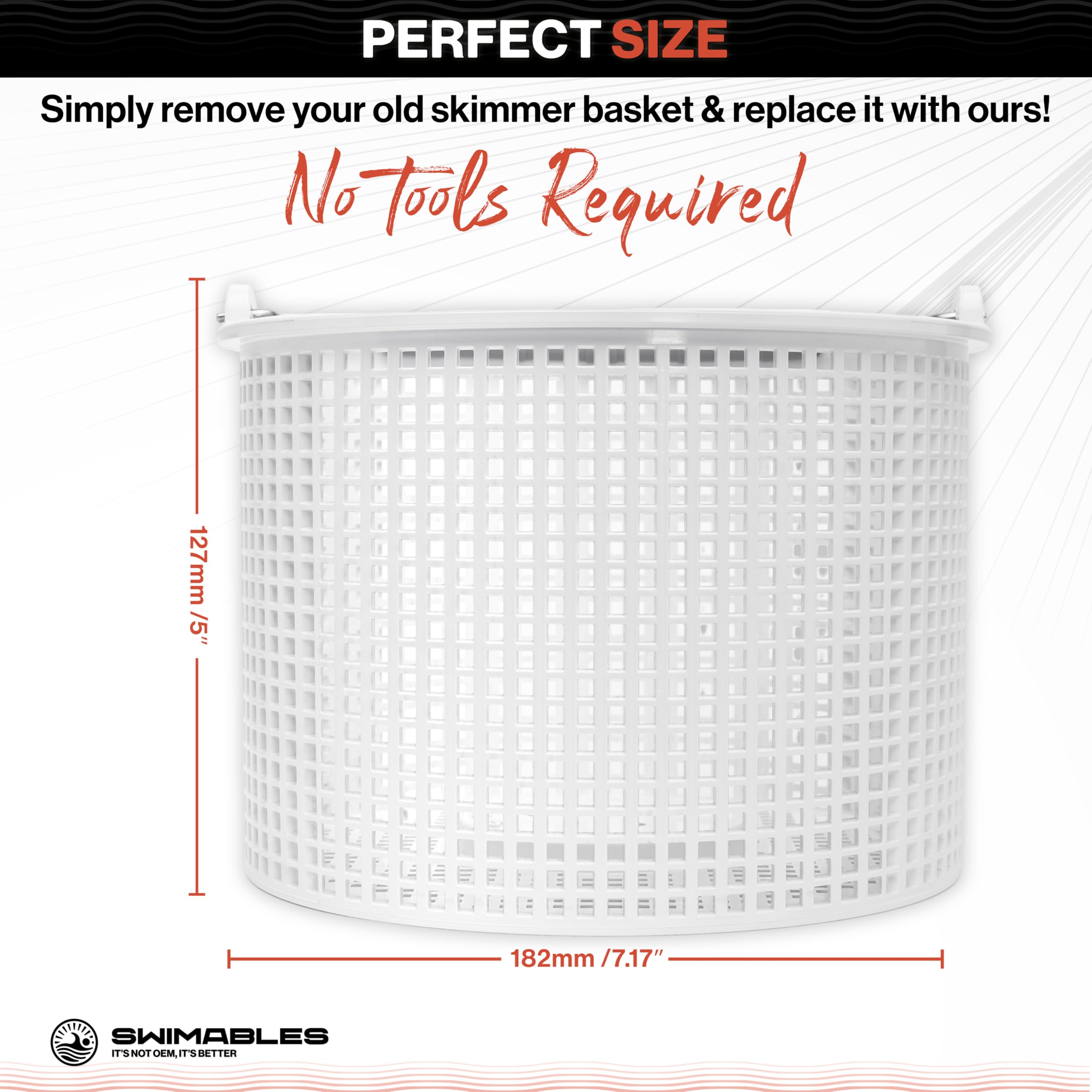 Swimables heavy-duty plastic skimmer basket withstands outdoor pool conditions.