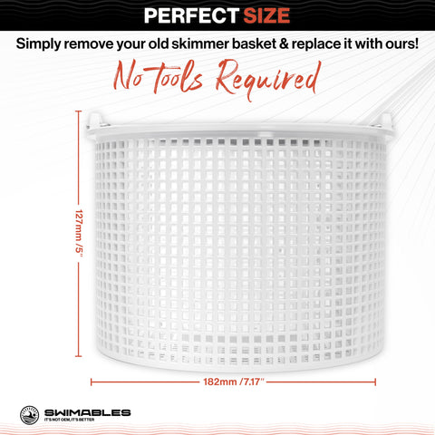 Swimables heavy-duty plastic skimmer basket withstands outdoor pool conditions.