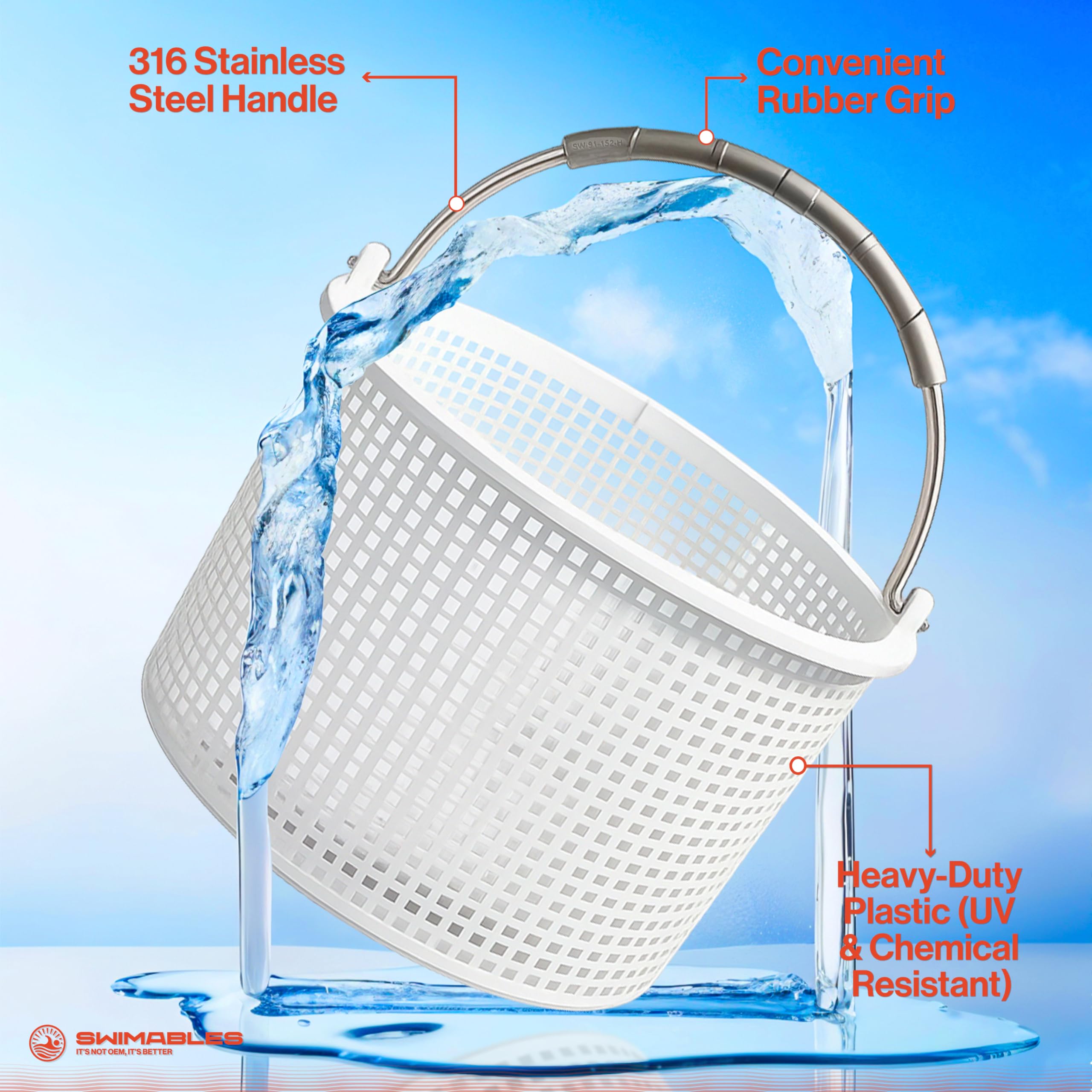 Swimables in-ground pool basket with built-in weight improves submersion and stability.