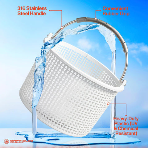 Swimables in-ground pool basket with built-in weight improves submersion and stability.