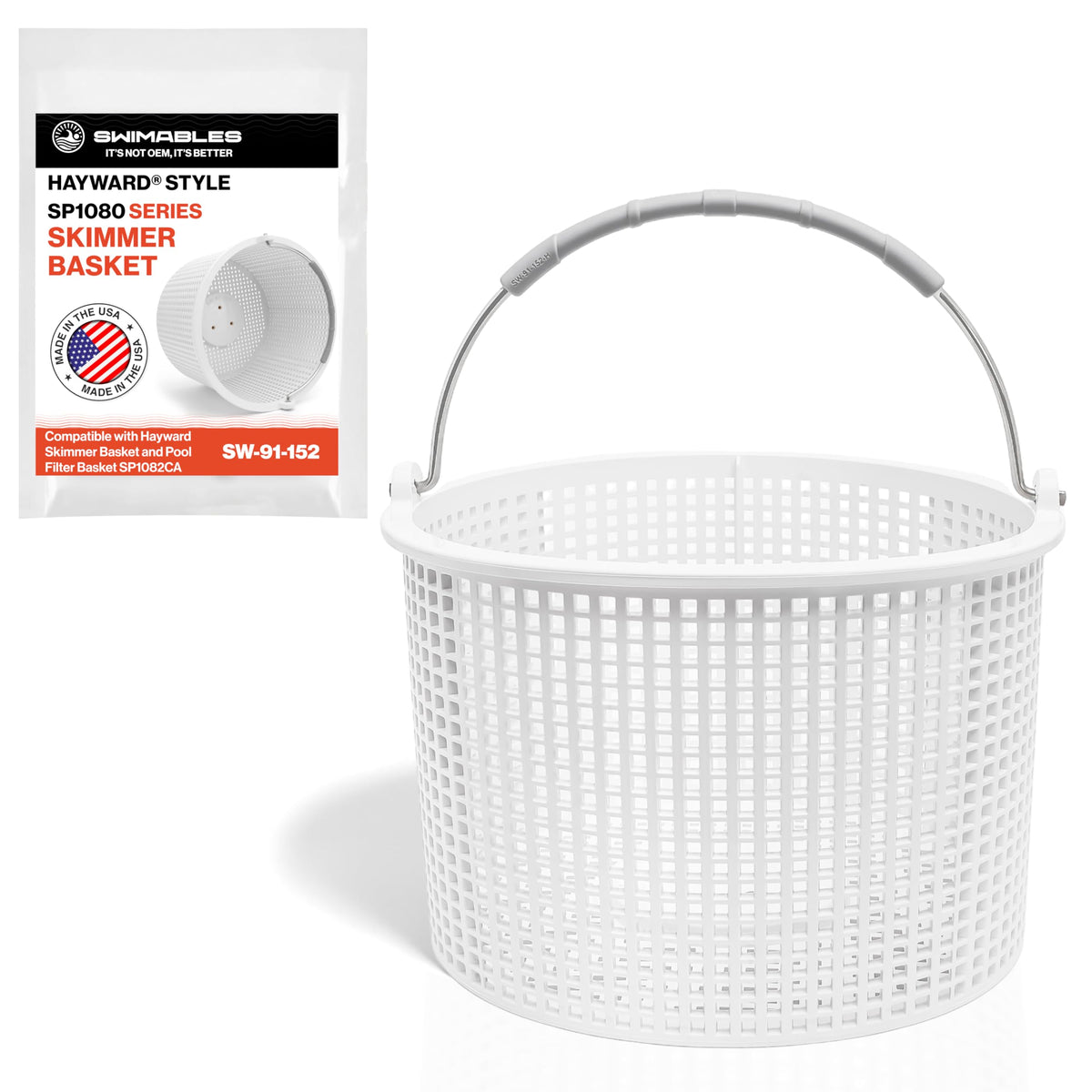 Swimables pool skimmer basket with brass weight keeps debris down for stable filtration.