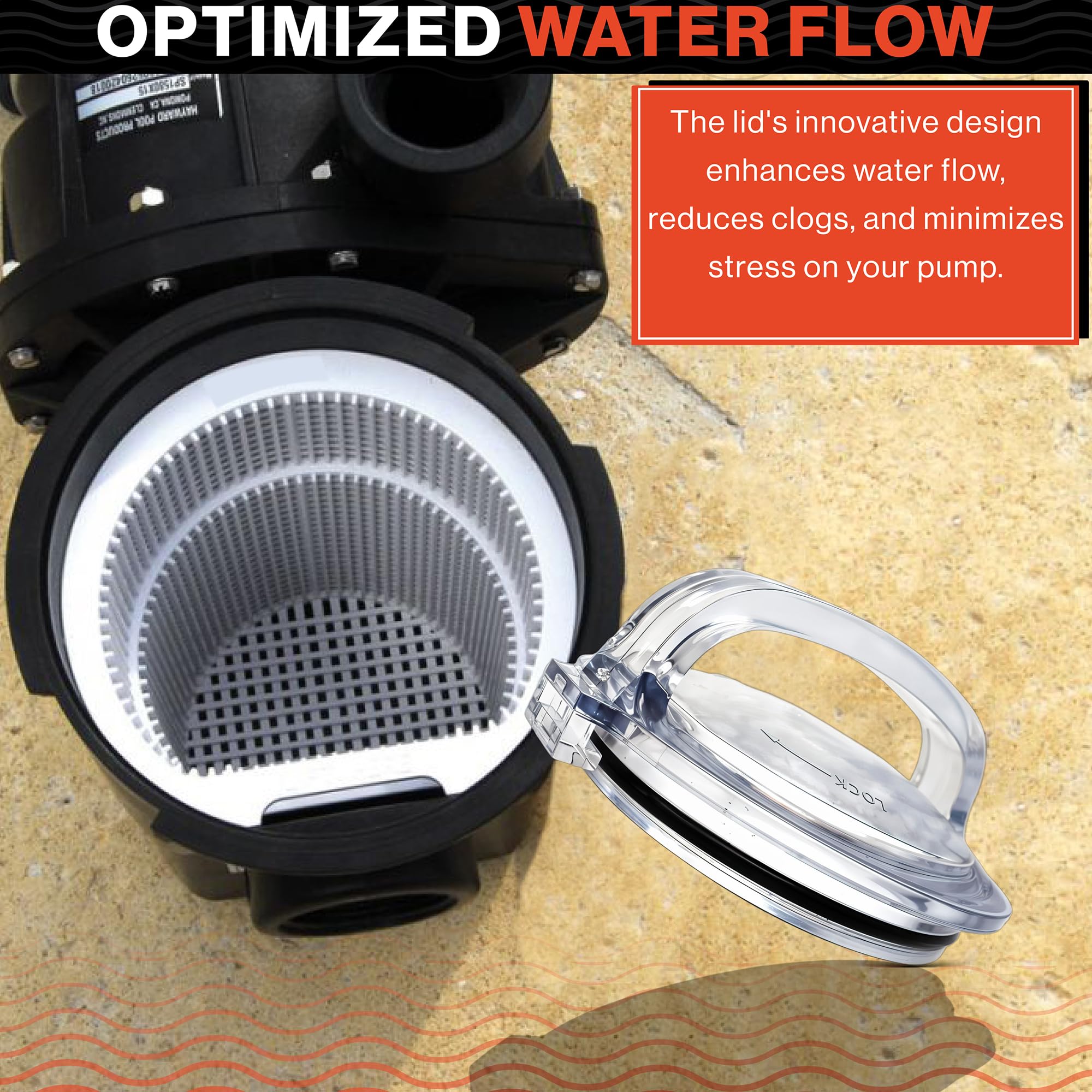 Swimables locking ring attachment ensures a secure pump lid fit.