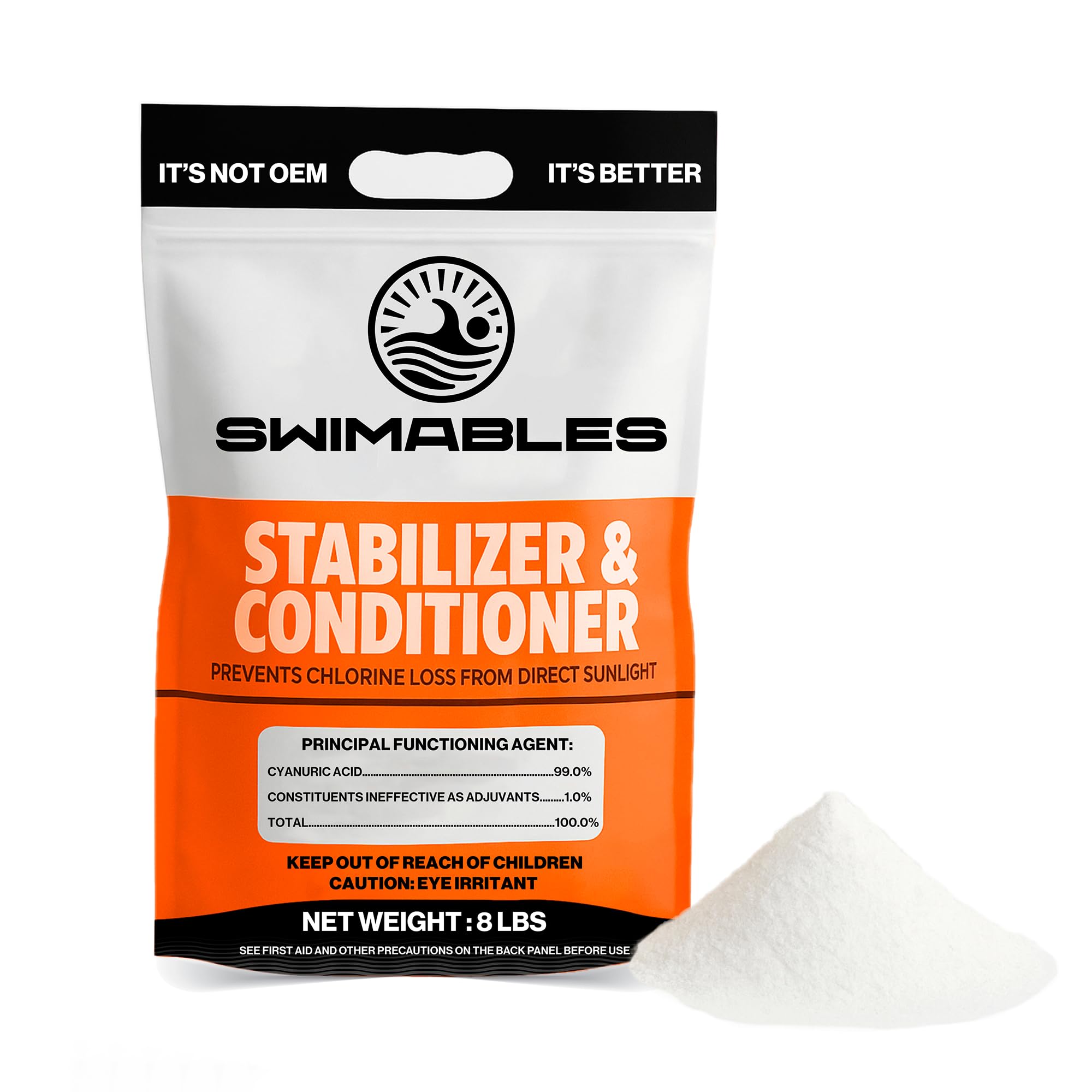 Swimables stabilizer bottle pour protects pool chlorine from sun exposure.