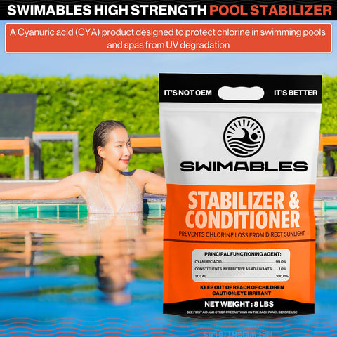 Swimables stabilizer powder dissolving quickly for rapid chlorine protection.