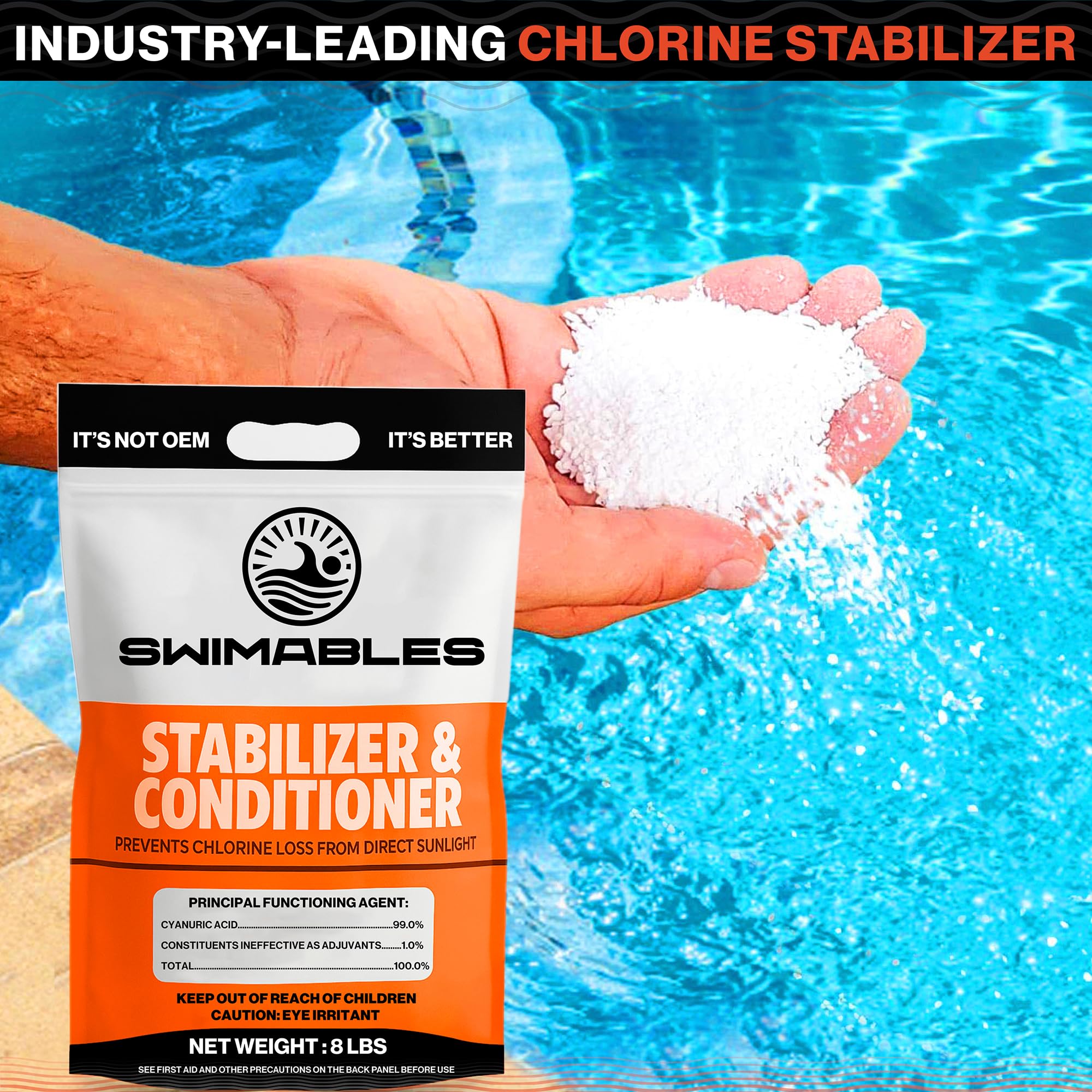 Saltwater pool setup shows Swimables stabilizer protecting chlorine.
