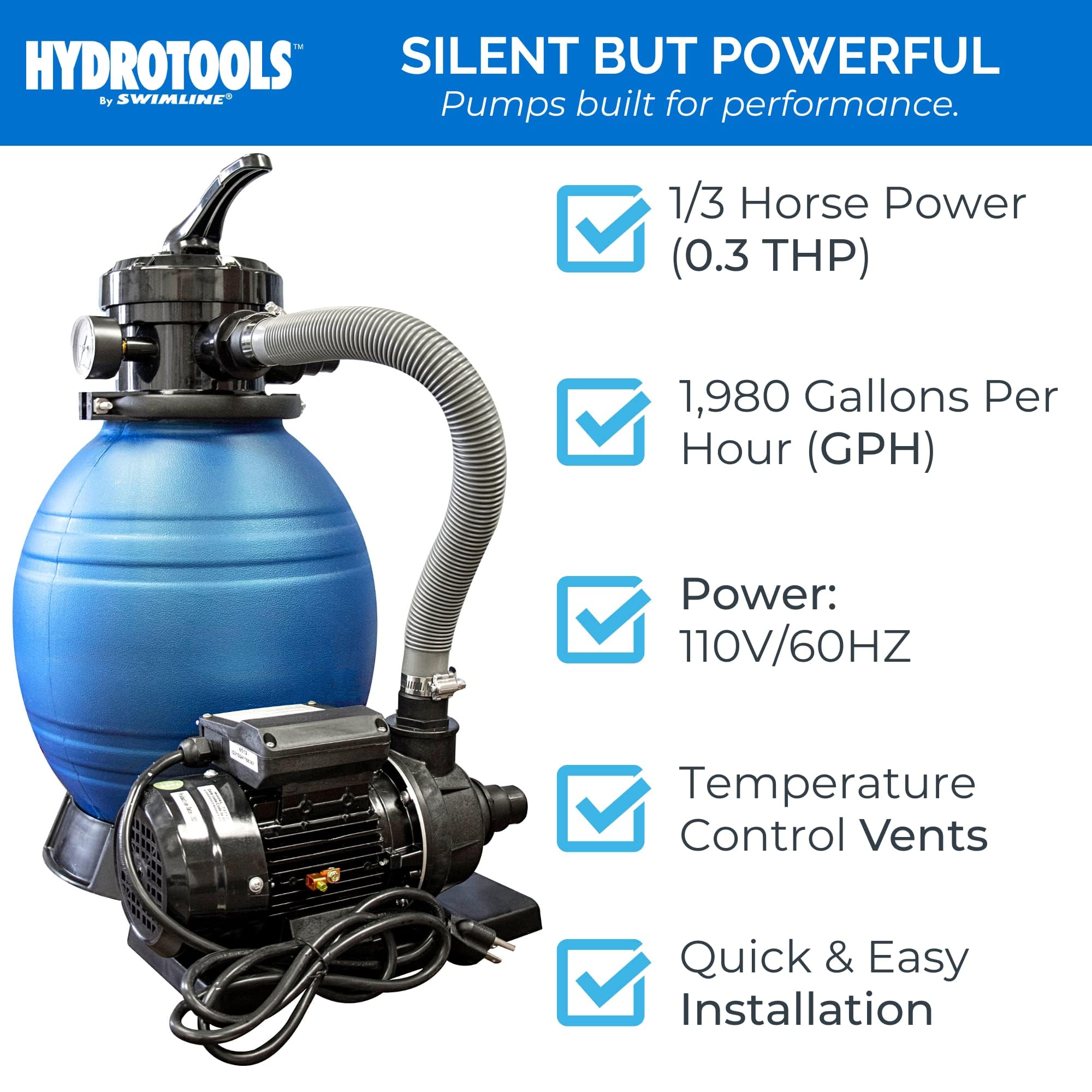 Swimline HydroTools 42-pound sand capacity supports longer, less frequent backwashing.