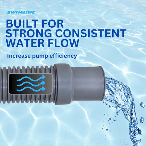 Swimline Hydrotools hose resists chemicals and UV for sunny pool areas.