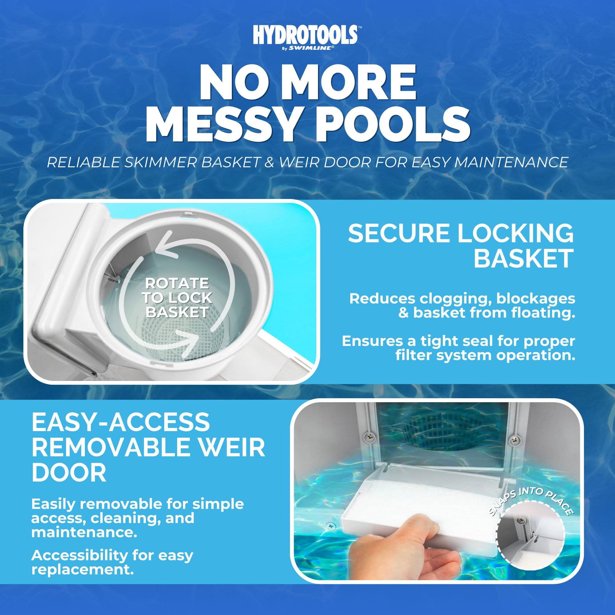 Swimline HydroTools skimmer basket with top and front access for easy cleaning