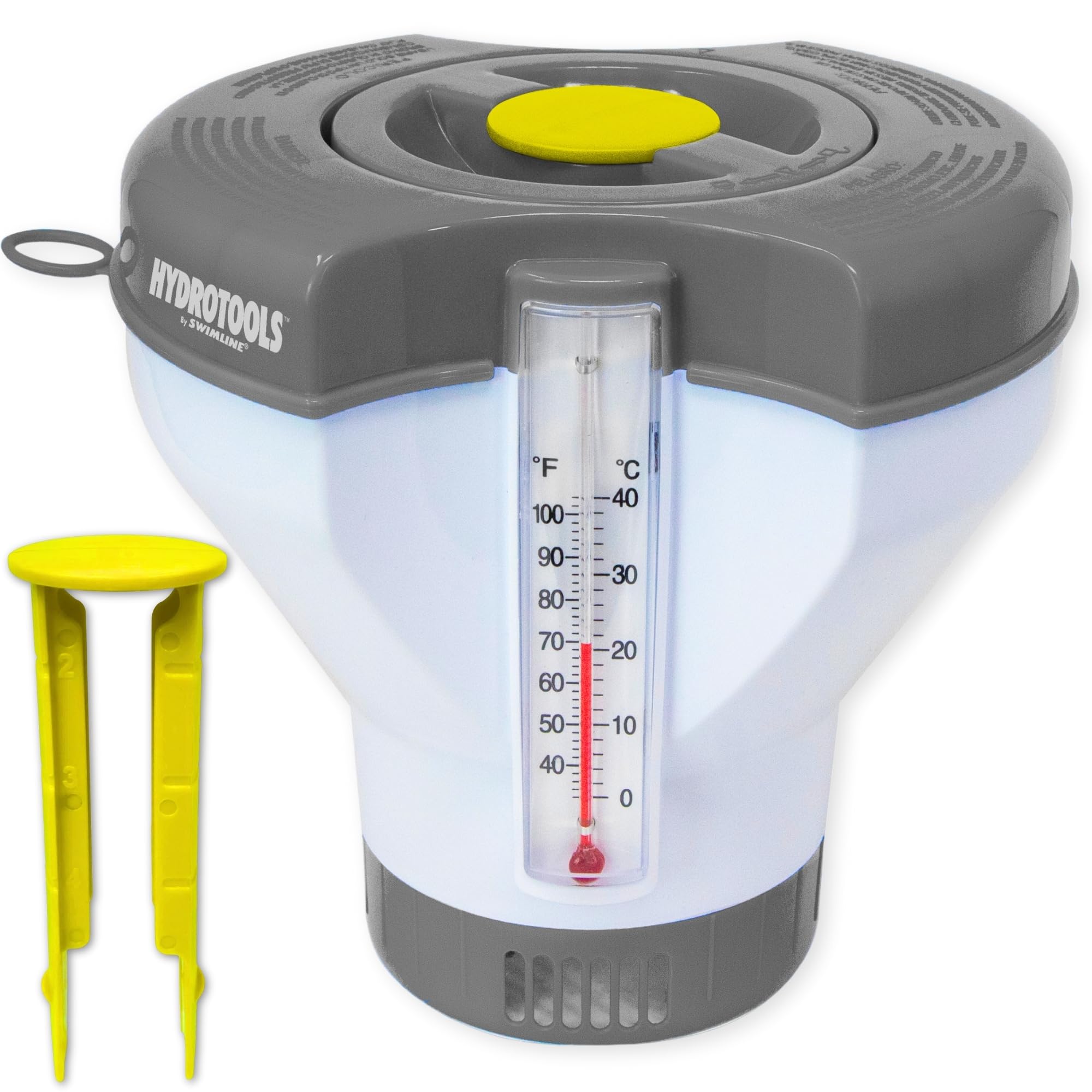 Swimline HydroTools floater with yellow tongs for safe tablet handling.