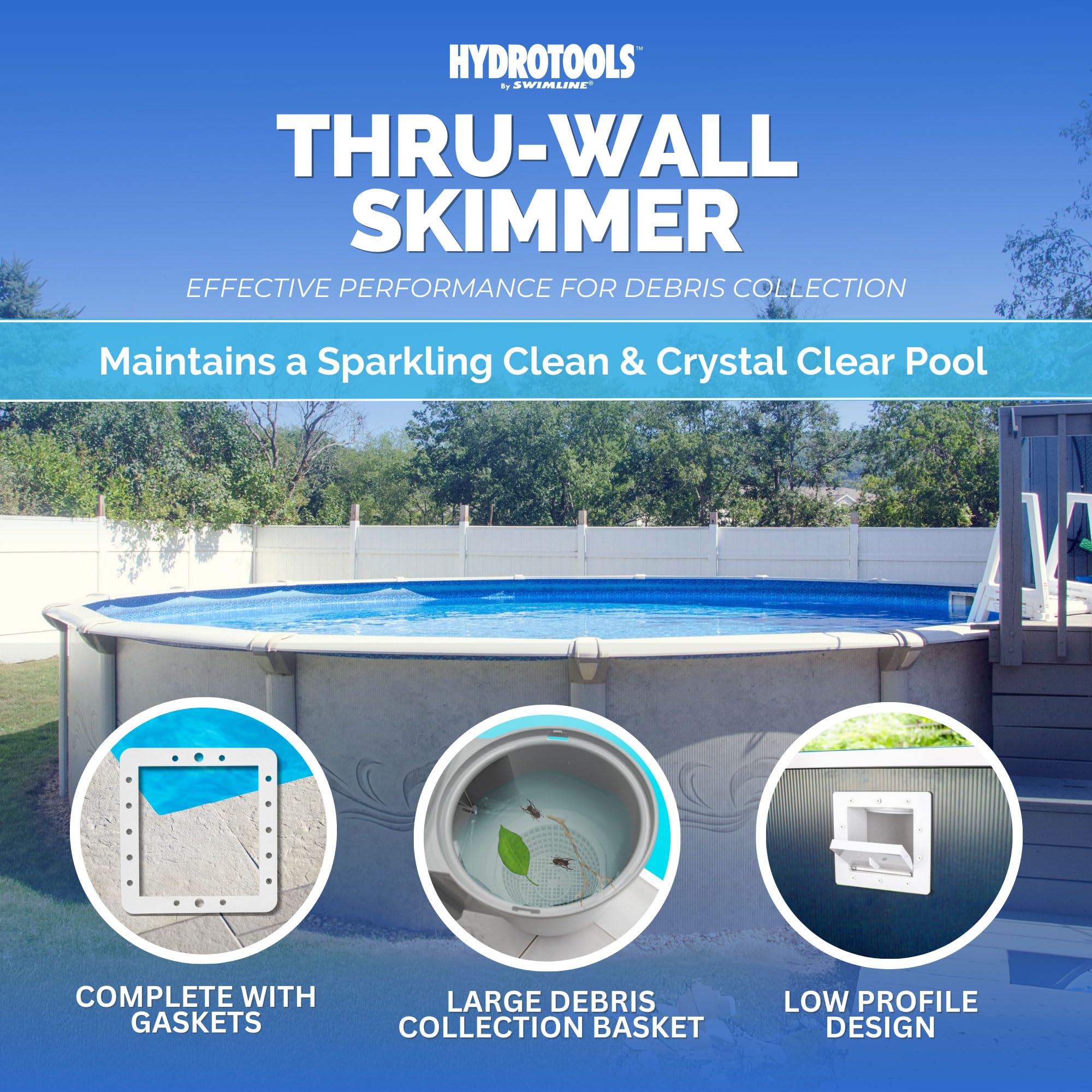 Swimline HydroTools wide-mouth skimmer highlighting superior debris collection at pool surface