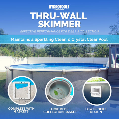 Swimline HydroTools wide-mouth skimmer highlighting superior debris collection at pool surface