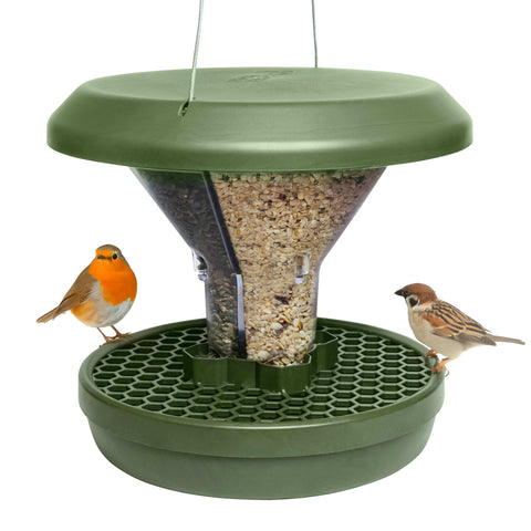 SWISSINNO Bird Feeder dual chamber green front view showing spill management benefits