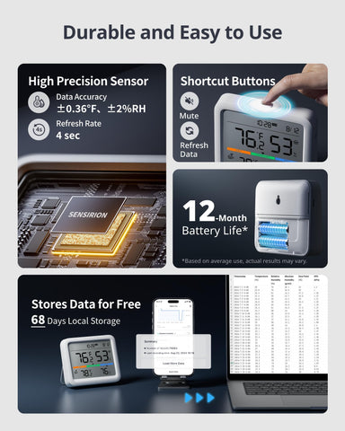 SwitchBot Meter Pro offers 12-month battery life with low-battery reminders.