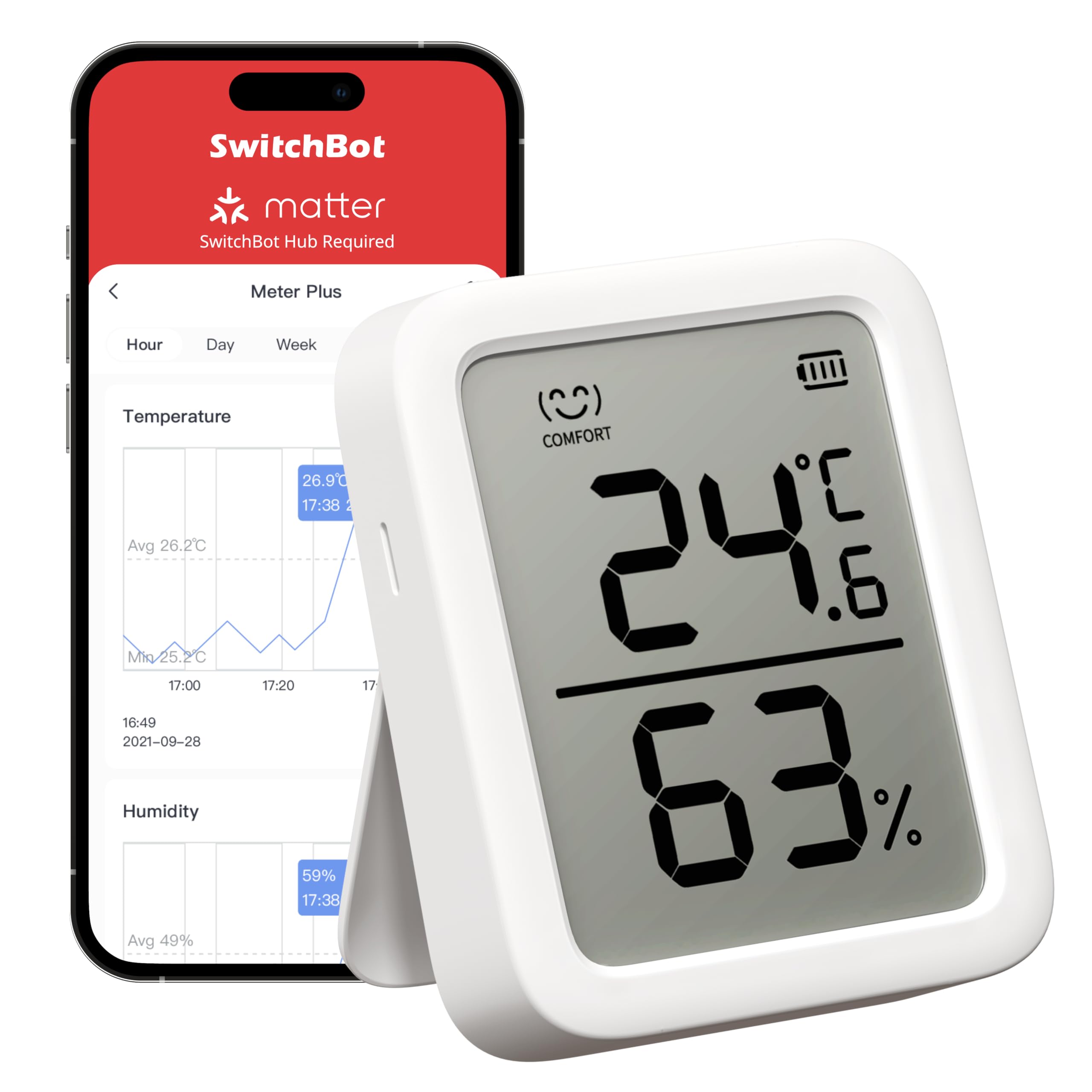 SwitchBot Thermometer Hygrometer with a 3 inch LCD display showing temperature and humidity clearly
